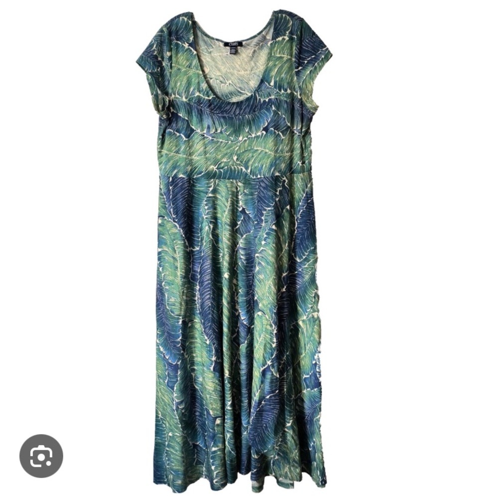 Chaps Leafy Tropical Maxi Short Sleeve Cotton Green & Blue Dress Size Small